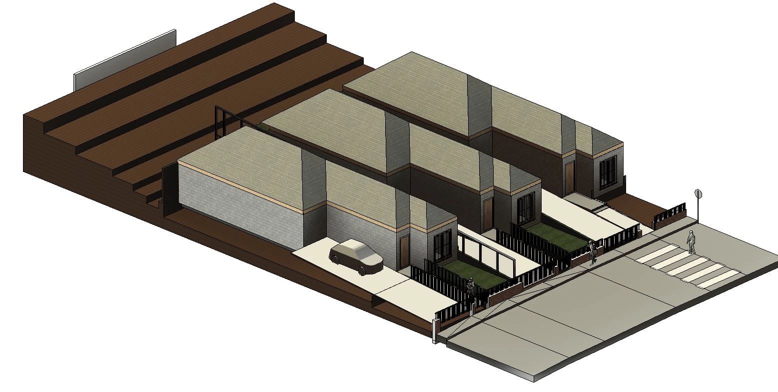 3D axonometric model of two-row houses with parking and fenced yards on a street corner.