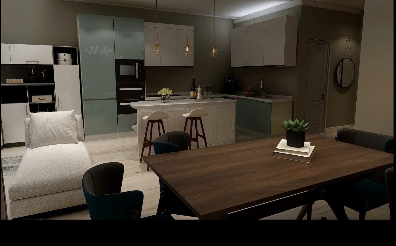 Dining and kitchen interior design rendering.
