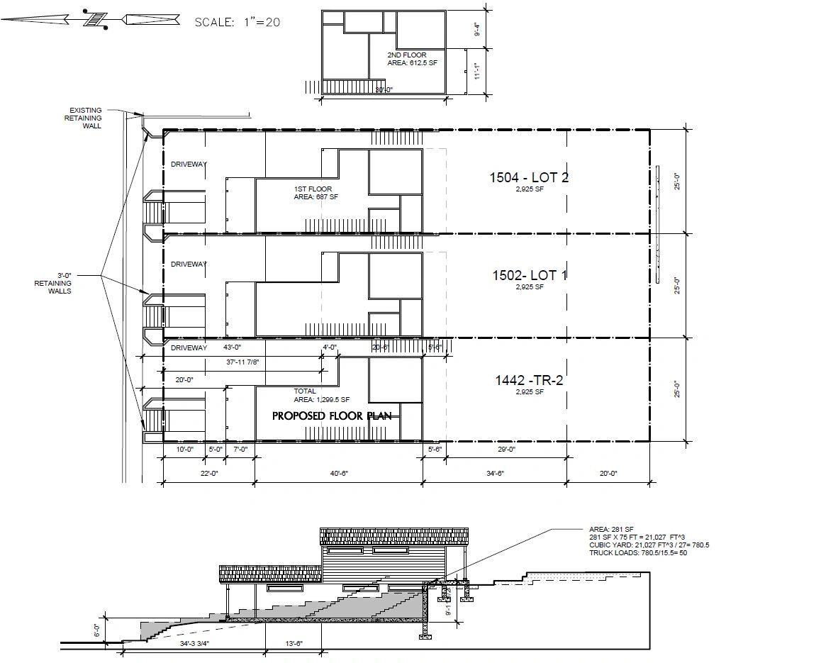 Architectural floor plan and elevation drawing for a residential project with three lots.