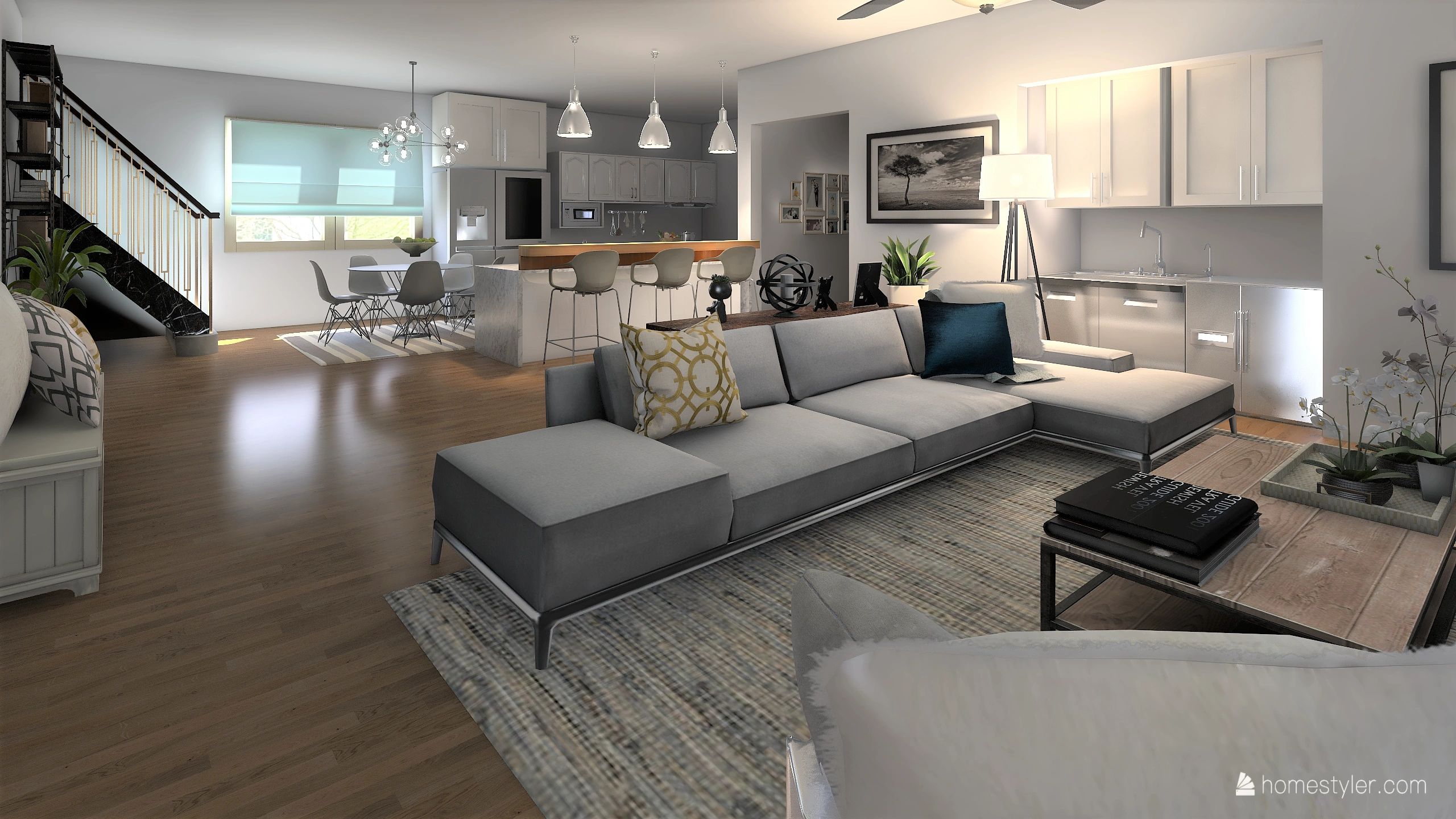 Living room interior design rendering.